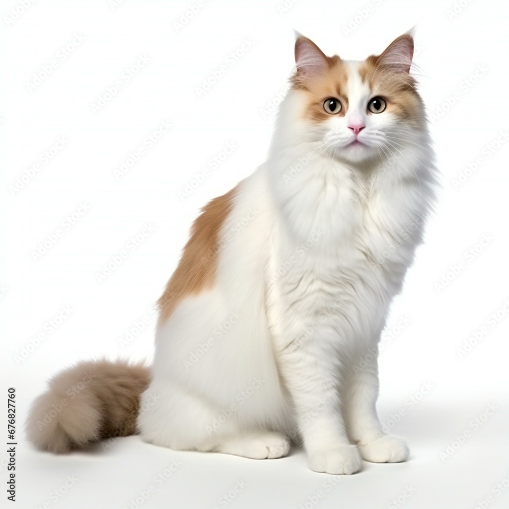 Beautiful long-haired white cat sitting on a white background