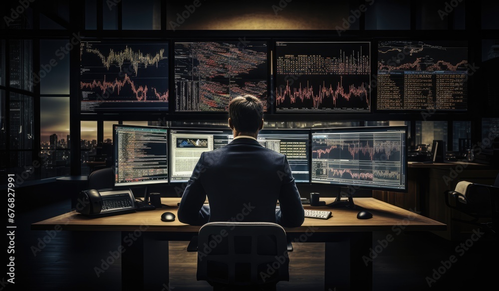 businessman analyzing stock market data with multiple computer screens in dark office