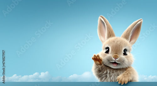 cute cartoon character hare rabbit bunny points paw at copy space on an blue background photo