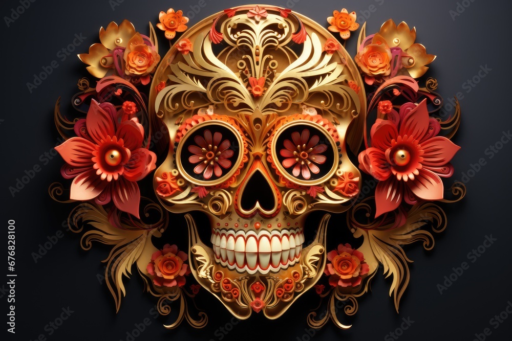 Painting of Day of the Dead Sugar Skull. Gold color on black background. Abstract illustration created with Generative AI technology.