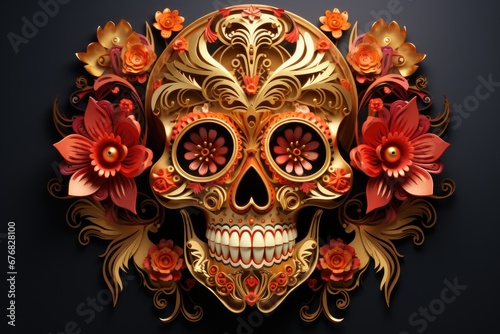 Painting of Day of the Dead Sugar Skull. Gold color on black background. Abstract illustration created with Generative AI technology.