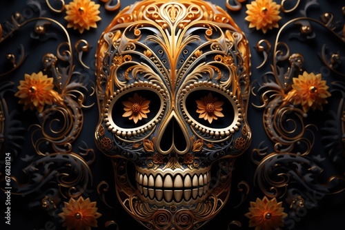 Painting of Day of the Dead Sugar Skull. Gold color on black background. Abstract illustration created with Generative AI technology. © Евгений Кобзев