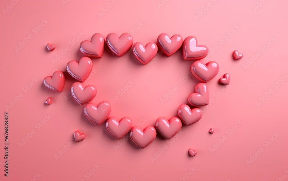 Heart shaped frame formed by little plastic hearts isolated on warm pink background. Valentines day, engagement or wedding party poster. AI Generative