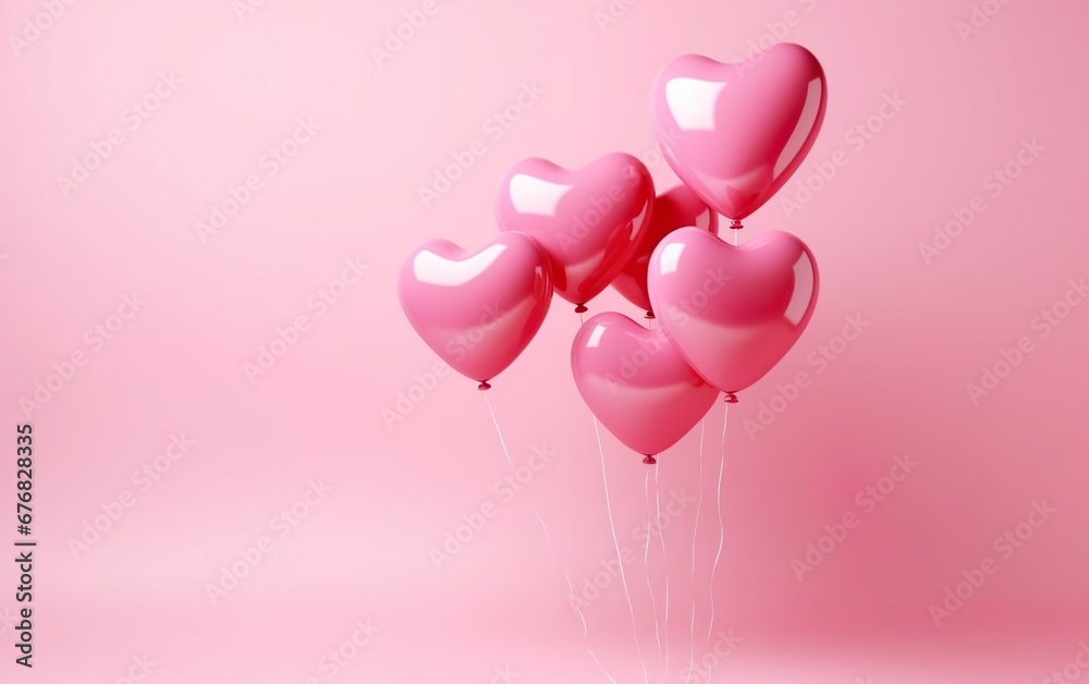 Bunch of pink reflective heart shaped balloons tied together isolated on pink background. Copy space at the left. Valentines day, engagement or wedding party poster. AI Generative