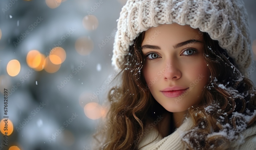 Amidst the winter cold, a happy and stylish young woman with a beautiful smile poses outdoors, dressed elegantly. Amidst the winter cold, a happy and stylish young woman with a beautiful smile poses outdoors, dressed elegantly.