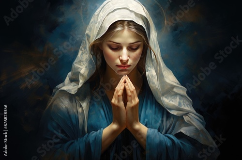 Virgin Mary, religious painting illustration, generative ai