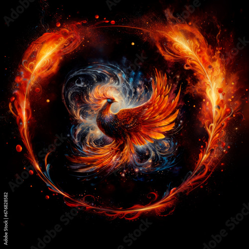 Fire bird, phoenix, mythology. Metaphor of rebirth. AI generative