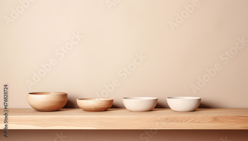 Aesthetic minimalist kitchen shelf with ceramic bowls for modern cooking conceptual background..