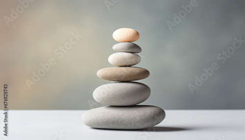Spa  balance  meditation and zen minimal modern concept. Stack of stone pebbles against beige wall for design and presentation.