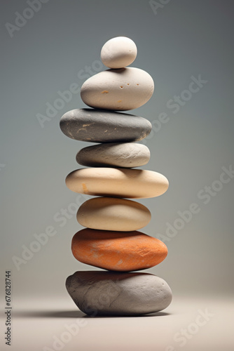 Spa, balance, meditation and zen minimal modern concept. Stack of stone pebbles against beige wall for design and presentation.