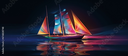 Colorful neon hologram sailboat drawing style. AI generated image