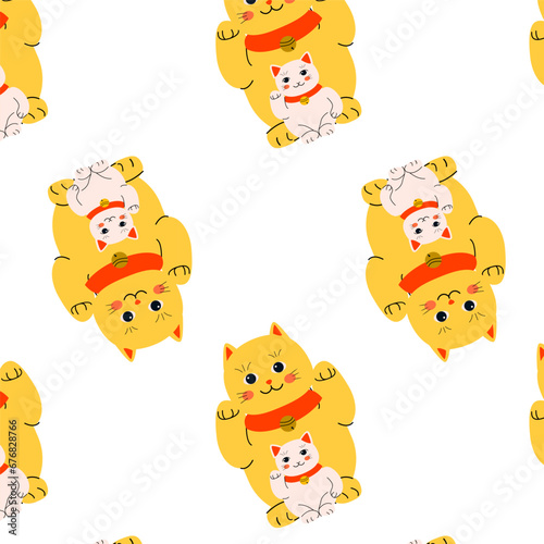 Fototapeta Naklejka Na Ścianę i Meble -  cute asian cat yellow maneki - seamless pattern