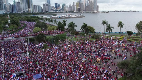 Aerial views from over the protesters on Avenida Balboa protesting against the First Quantum Copper mining contract, downtown Panama City, Panama