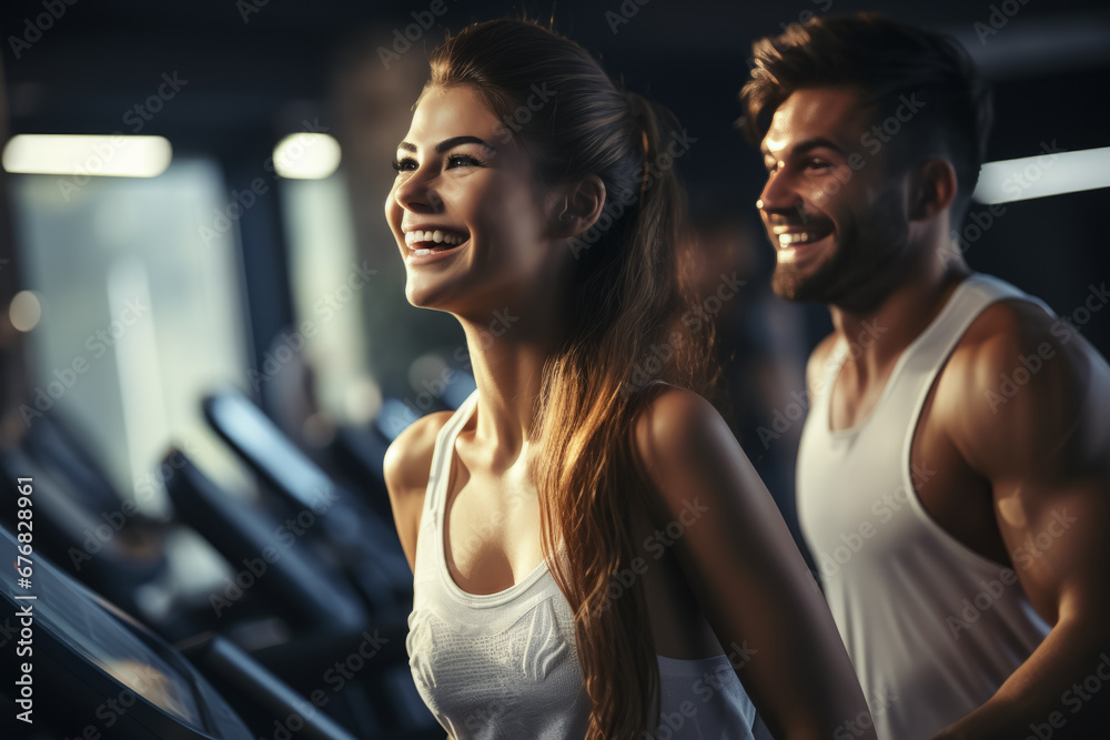 Young couple running on treadmills in modern gym. healthy lifestyle Young couple running on treadmills in modern gym. healthy lifestyle