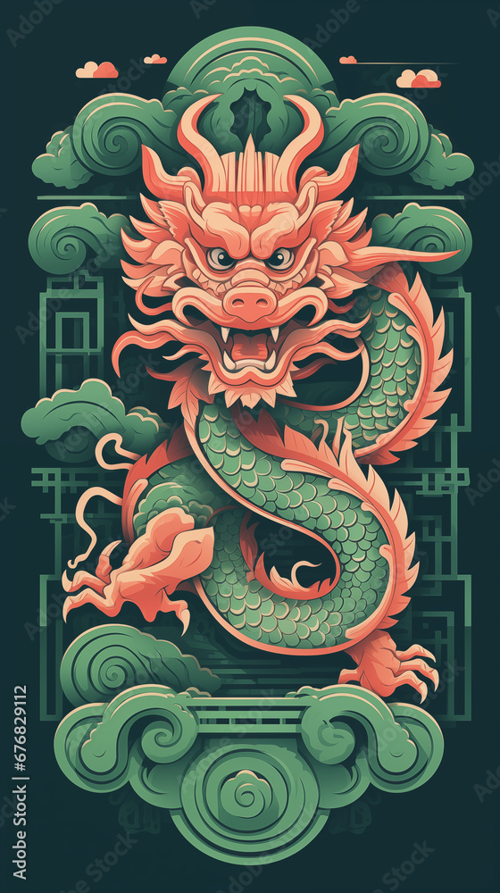 Happy Chinese New Year 2024. A set of posters with a green wooden dragon. 