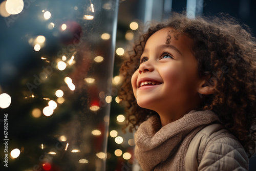 Little girl looking up at the Christmas tree and smiling by Generative AI photo