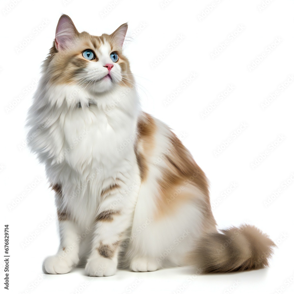 Tricolor maine coon cat in front of white background