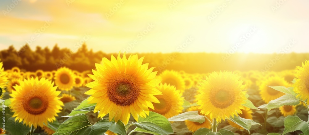 In the background of a beautiful summer day the sun casts its warm rays upon a vast field filled with stunning sunflowers their yellow blossoms shining brightly against the lush green leaves