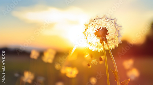 Sunset Dandelion Wish  A mesmerizing scene of dandelion seeds floating in the sunset breeze.