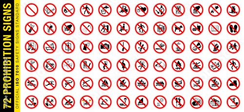 Full set of 72 isolated prohibition symbols on red crossed out circle board warning sign. Official ISO 7010 safety signs standard. photo