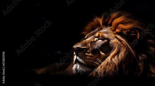 portrait of a sleeping male lion against black background with space for text, AI generated, background image
