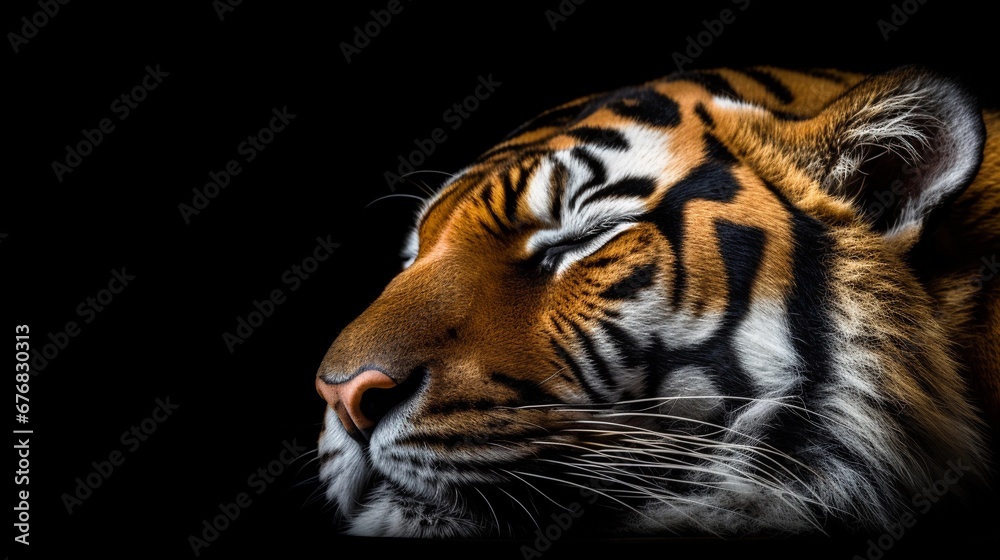 Naklejka premium portrait of a sleeping male tiger against black background with space for text, AI generated, background image