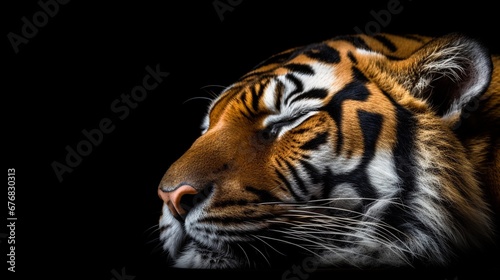portrait of a sleeping male tiger against black background with space for text, AI generated, background image