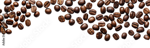 Roasted scattered coffee beans flat lay top view on transparent background cutout, PNG file. Mockup template for artwork. Wallpaper banner