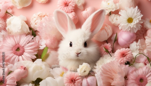 Cheerful bunny with sunglasses in floral setting on solid backgroundstudio shot with text space. photo