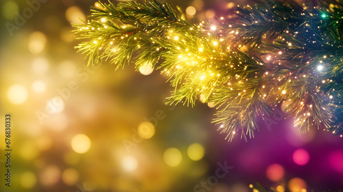 Winter, Christmas background with Christmas tree branch, decorations, stars, lights, sparks, bokeh, festive mood