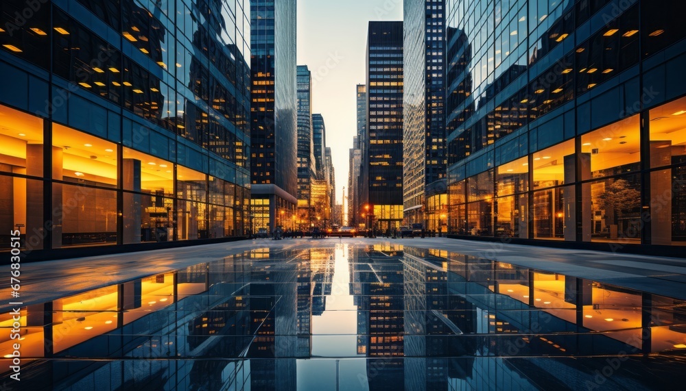 Spectacular evening view of modern, reflective skyscrapers in a bustling business district