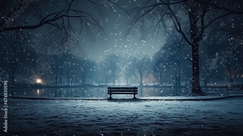 Snowfall in the city park at night in winter. Snow-covered trees illuminated by lanterns in a park near a lake