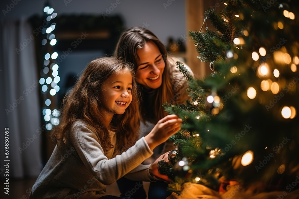 A mother and daughter decorate a Christmas tree. Celebrating Christmas and the New Year