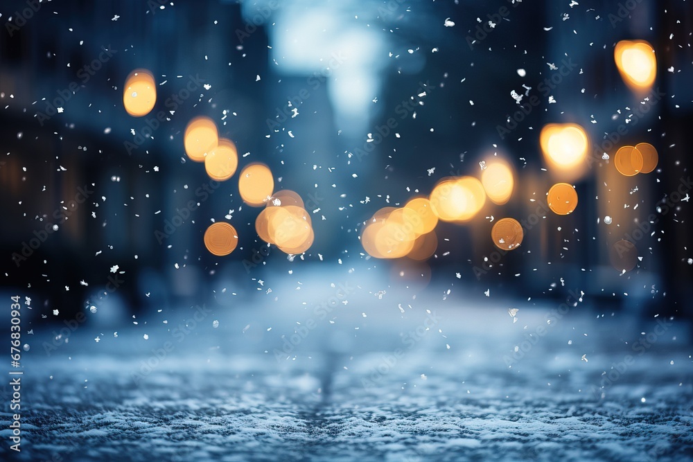 Abstract winter background with a blurred image of a city street in the light of lanterns