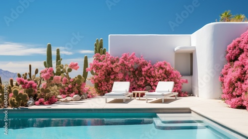 A minimalist Mediterranean White Wall and Blue Pool, Accented by Delicate Pink Flowers. Deck chairs sitting on top of a concrete floor next to pink flowers. 