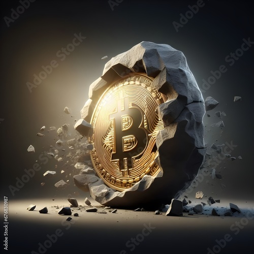 Bitcoin mining, Bitcoin breaking all resistances, bitcoin coming out from stone, Bitcoin concept photo
