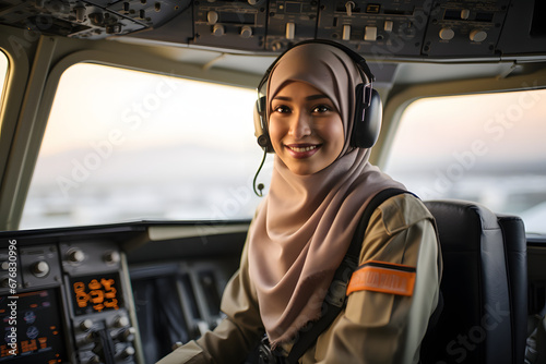 a muslim girl pilot wearing hijab sitting in the aero plane wearing headphones looking in the camera with smiley face front mirror of aero plane in front of her 