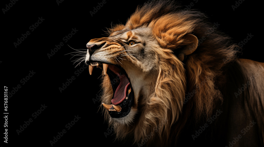 Portrait of a male lion roaring on a black background