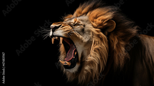 Portrait of a male lion roaring on a black background