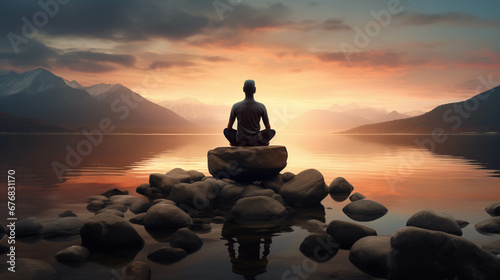 Man meditating on the mountain lake at sunrise.  © Анастасия Козырева