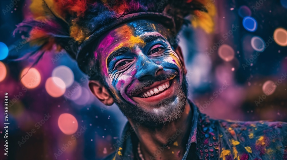 Vivid Masquerade: Dynamic Street Performer with Feathered Hat