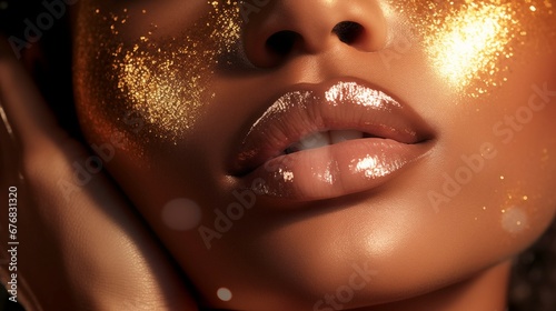 Glowing Beauty: Close-Up Portrait of a Radiant Woman's Face Surrounded by Golden Sparkles, Exemplifying the Essence of a Luxury Brand