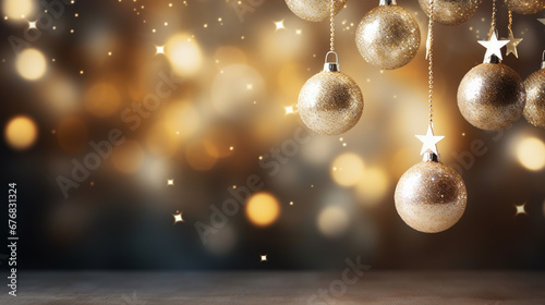 Christmas and New Year background with bokeh lights and golden balls