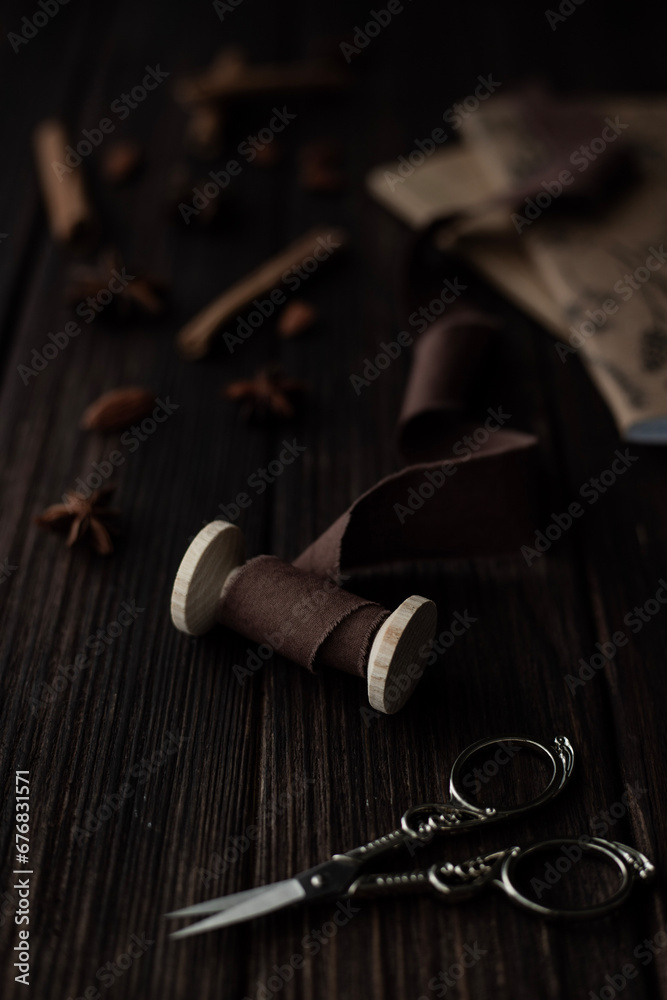 Cinnamon, star anise on wooden background and place for text Cinnamon, star anise on wooden background and place for text