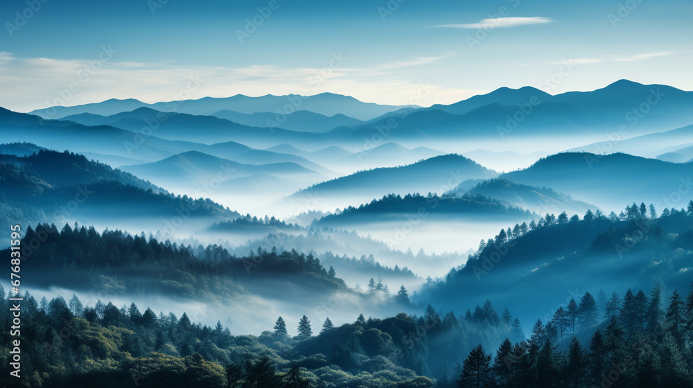 Panoramic view of the mountains covered with fog at dawn. Panoramic view of the mountains covered with fog at dawn.