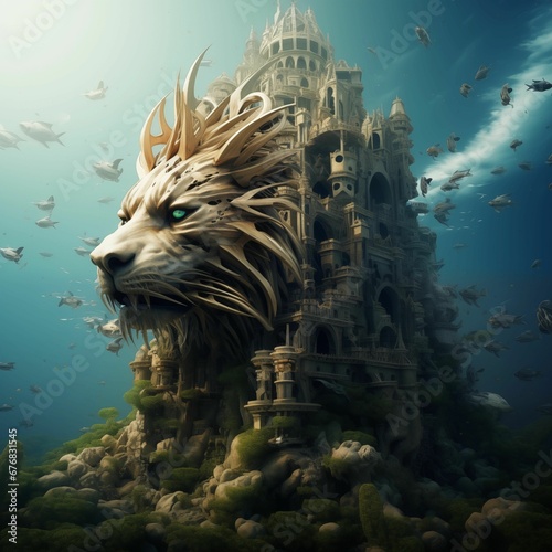 AI generated illustration of a majestic animal head silhouetted against an ocean castle