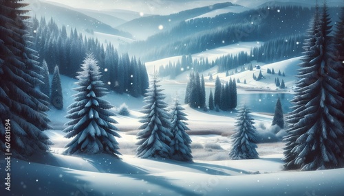 Illustration of snow covered pine trees in mountains.Winter landscape wallpaper. © Milano