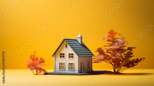 Miniature house and autumn leaves on yellow background. Real estate concept