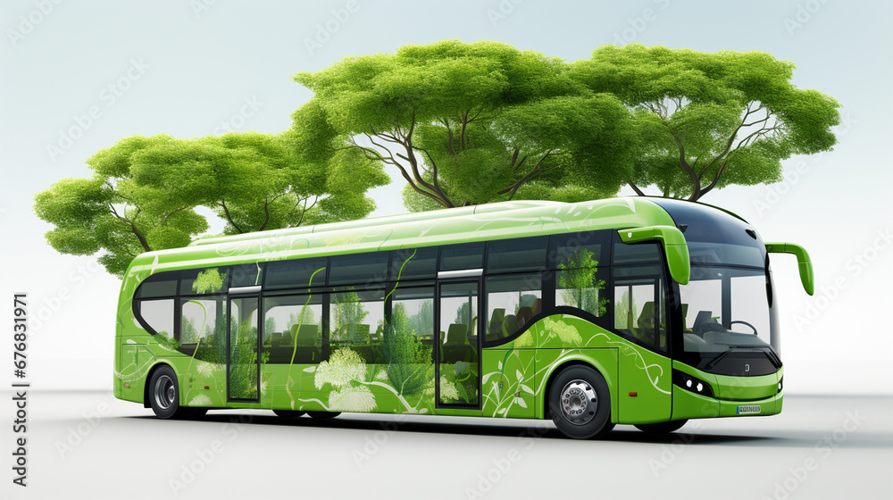 Green city bus with trees on a gray background. 3d rendering