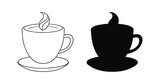 A mug of hot drink, tea, coffee, cappuccino, hot chocolate. Cup with handle on saucer with steam. Drinkware. Silhouette and outline illustration. Icon. Black and white vector isolated on white.
